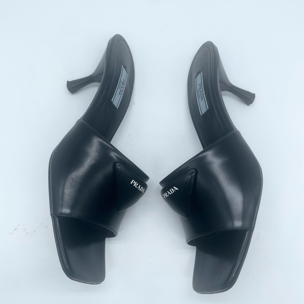 Prada Black leather logo plaque mid-heel mules EU 38 - Picture 10 of 11